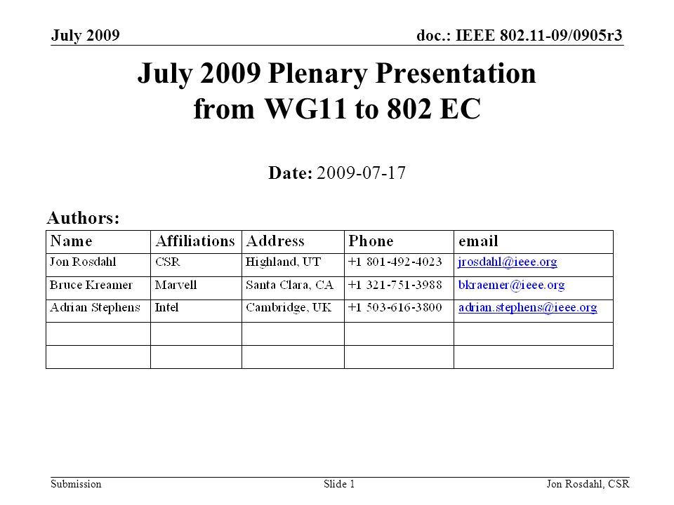 doc.: IEEE /0905r3 Submission July 2009 Jon Rosdahl, CSRSlide 1 July 2009 Plenary Presentation from WG11 to 802 EC Date: Authors: