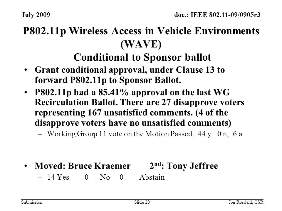 doc.: IEEE /0905r3 Submission July 2009 Jon Rosdahl, CSRSlide 20 P802.11p Wireless Access in Vehicle Environments (WAVE) Conditional to Sponsor ballot Grant conditional approval, under Clause 13 to forward P802.11p to Sponsor Ballot.