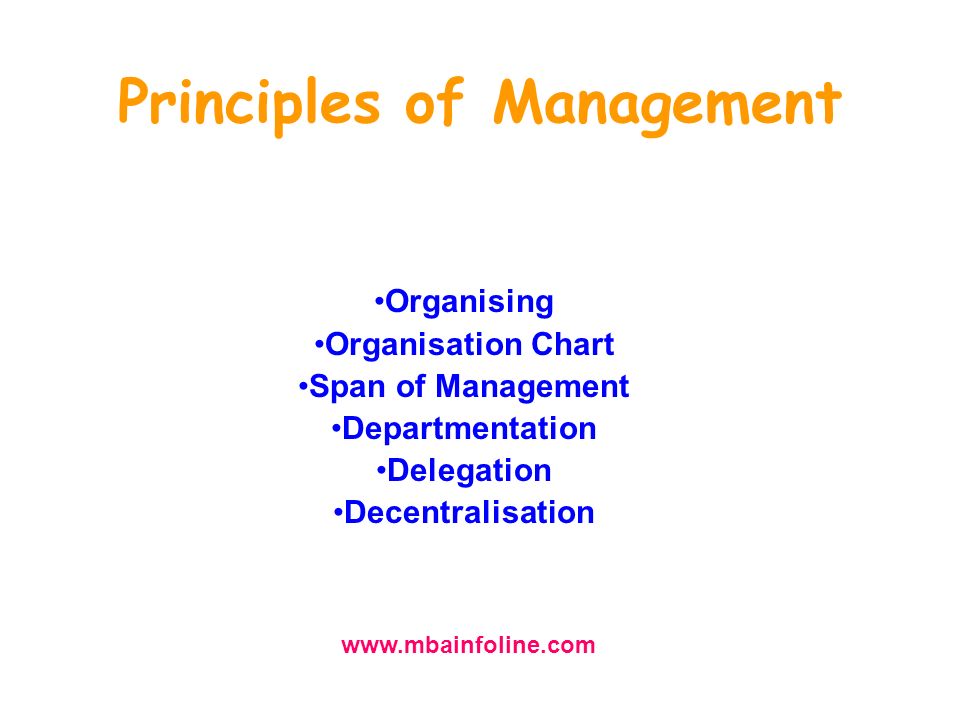 Principles of Management Organising Organisation Chart Span of Management Departmentation Delegation Decentralisation