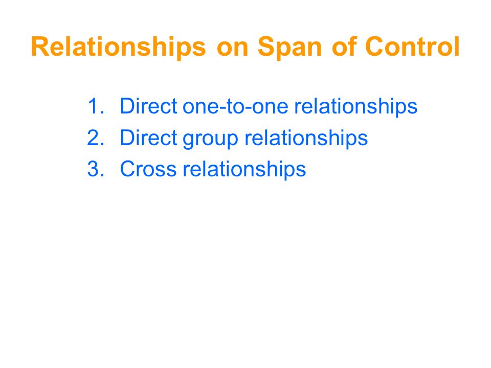 Relationships on Span of Control 1.Direct one-to-one relationships 2.Direct group relationships 3.Cross relationships