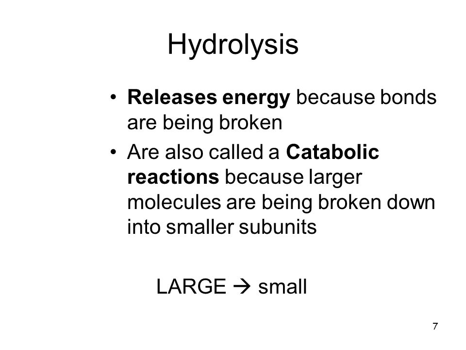 7 Hydrolysis Releases energy because bonds are being broken Are also called a Catabolic reactions because larger molecules are being broken down into smaller subunits LARGE  small