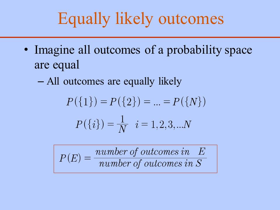 Equally likely outcomes Imagine all outcomes of a probability space are equal – All outcomes are equally likely