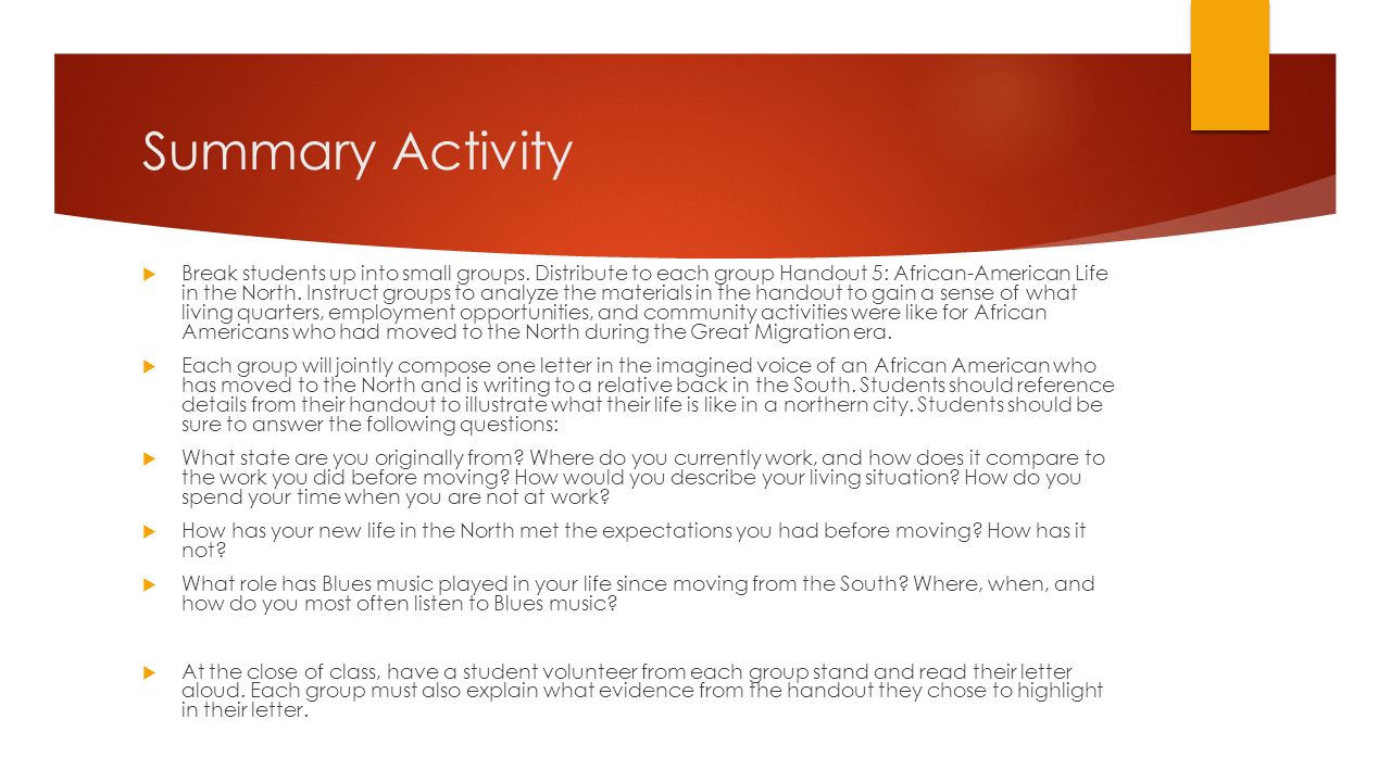 Summary Activity  Break students up into small groups.