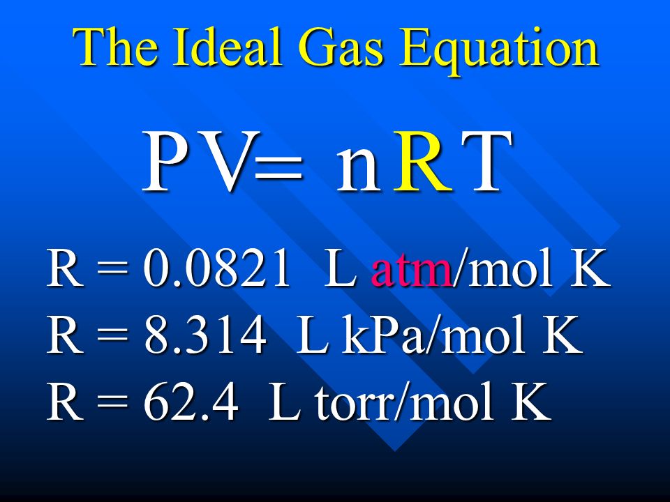 The Ideal Gas Equation nTR P  V R = L atm/mol K R = L kPa/mol K R = 62.4 L torr/mol K