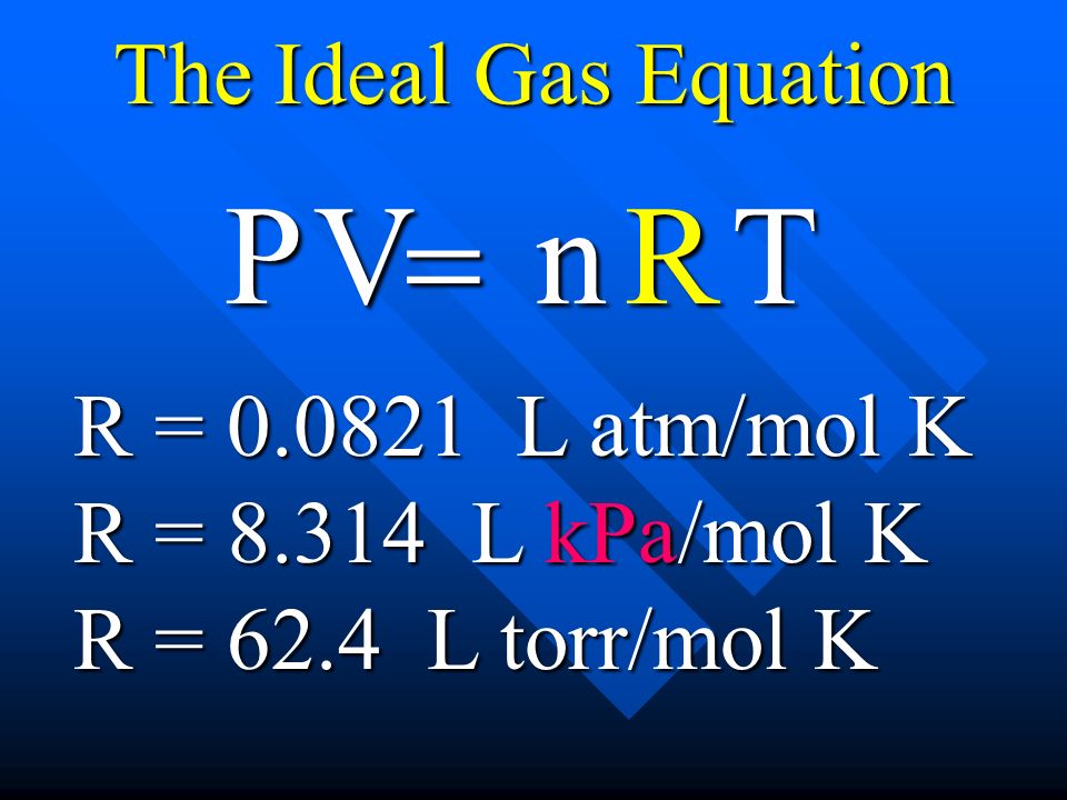 The Ideal Gas Equation nTR P  V R = L atm/mol K R = L kPa/mol K R = 62.4 L torr/mol K