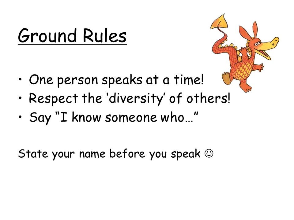 Ground Rules One person speaks at a time. Respect the ‘diversity’ of others.