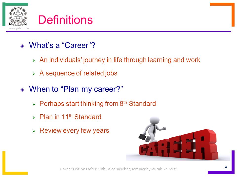 Career Options after 10th, a counseling seminar by Murali Valiveti   Definitions What’s a Career .