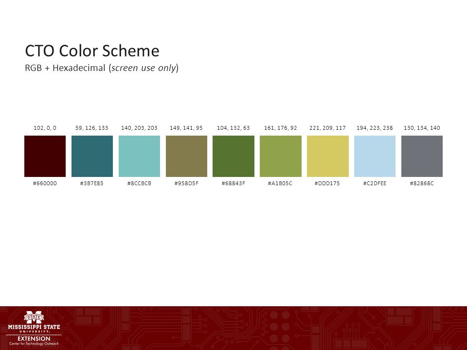 CTO Color Scheme RGB + Hexadecimal (screen use only) #660000#3B7E85#8CCBCB#958D5F#68843F#A1B05C#DDD175#C2DFEE#82868C 102, 0, 059, 126, , 203, , 141, 95104, 132, 63161, 176, 92221, 209, , 223, , 134, 140