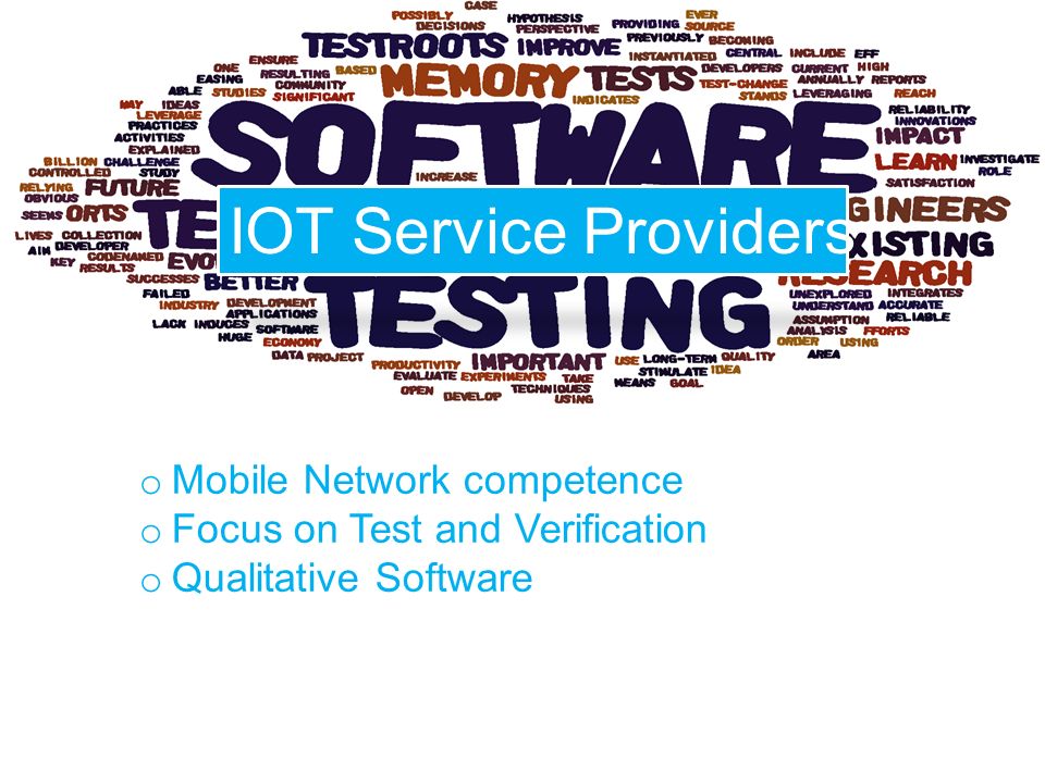 IOT Service Providers o Mobile Network competence o Focus on Test and Verification o Qualitative Software