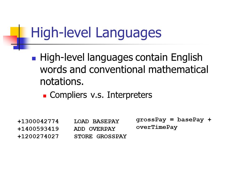 High-level Languages High-level languages contain English words and conventional mathematical notations.