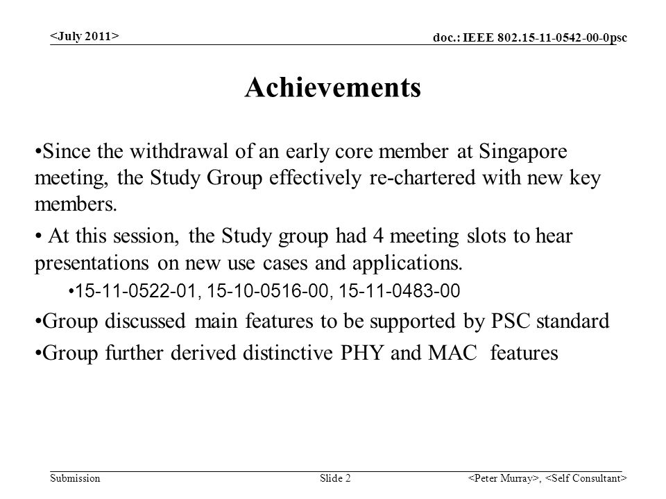 doc.: IEEE psc Submission, Slide 2 Achievements Since the withdrawal of an early core member at Singapore meeting, the Study Group effectively re-chartered with new key members.