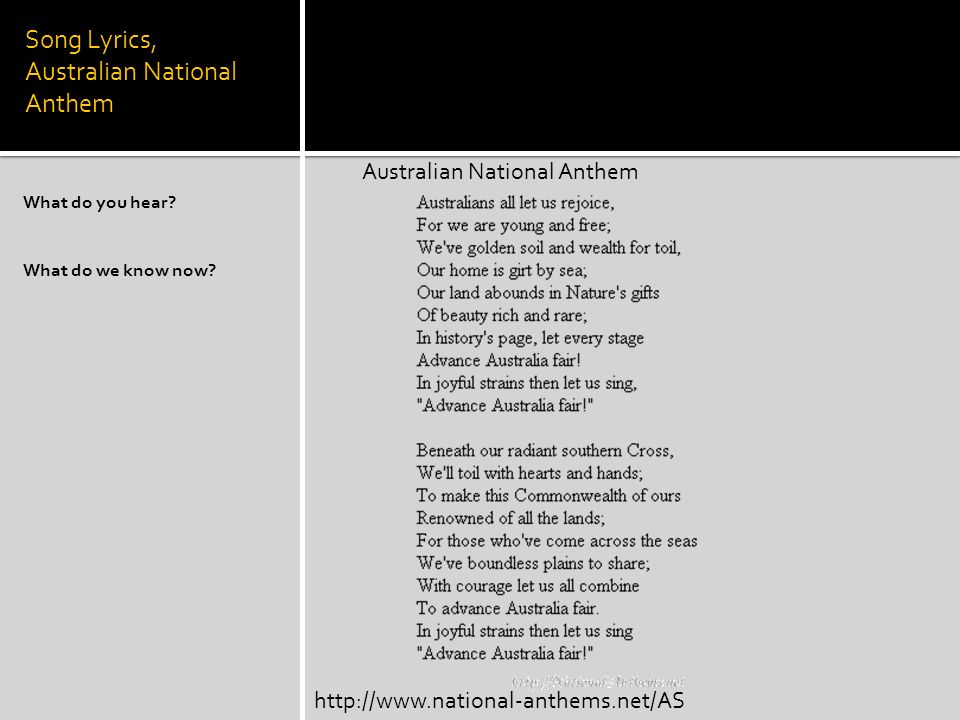 Song Lyrics, Australian National Anthem What do you hear. 