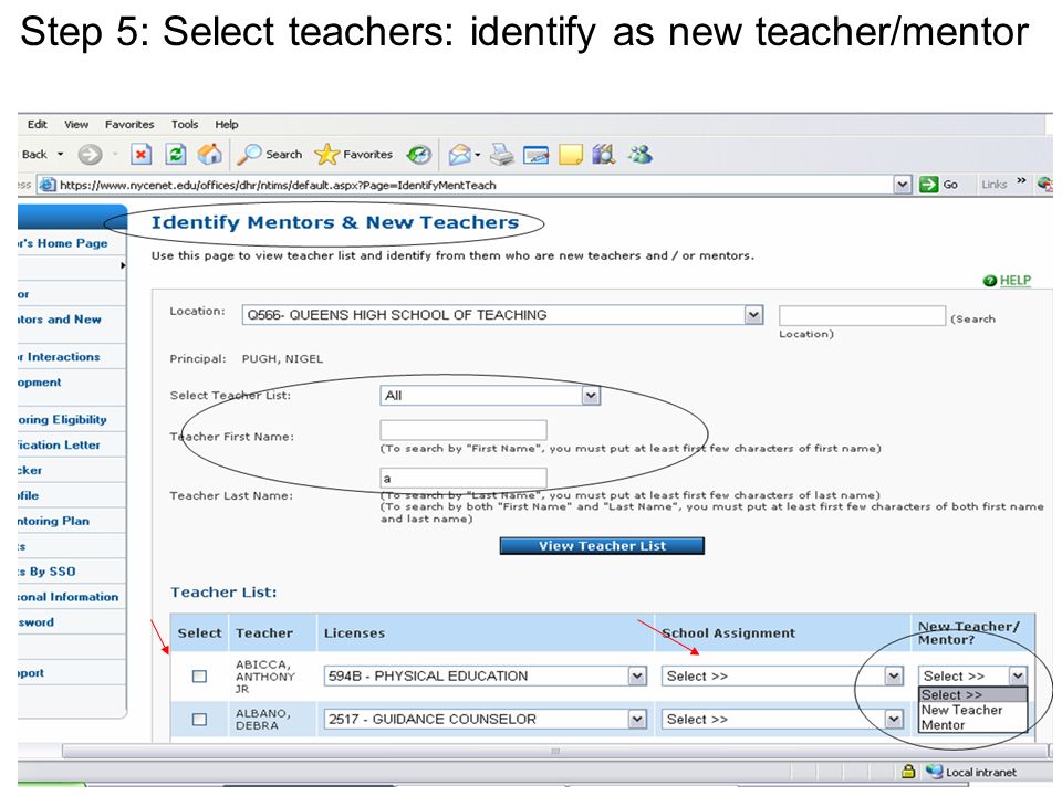 Step 5: Select teachers: identify as new teacher/mentor