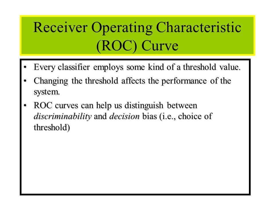 49 Receiver Operating Characteristic (ROC) Curve Every classifier employs some kind of a threshold value.Every classifier employs some kind of a threshold value.