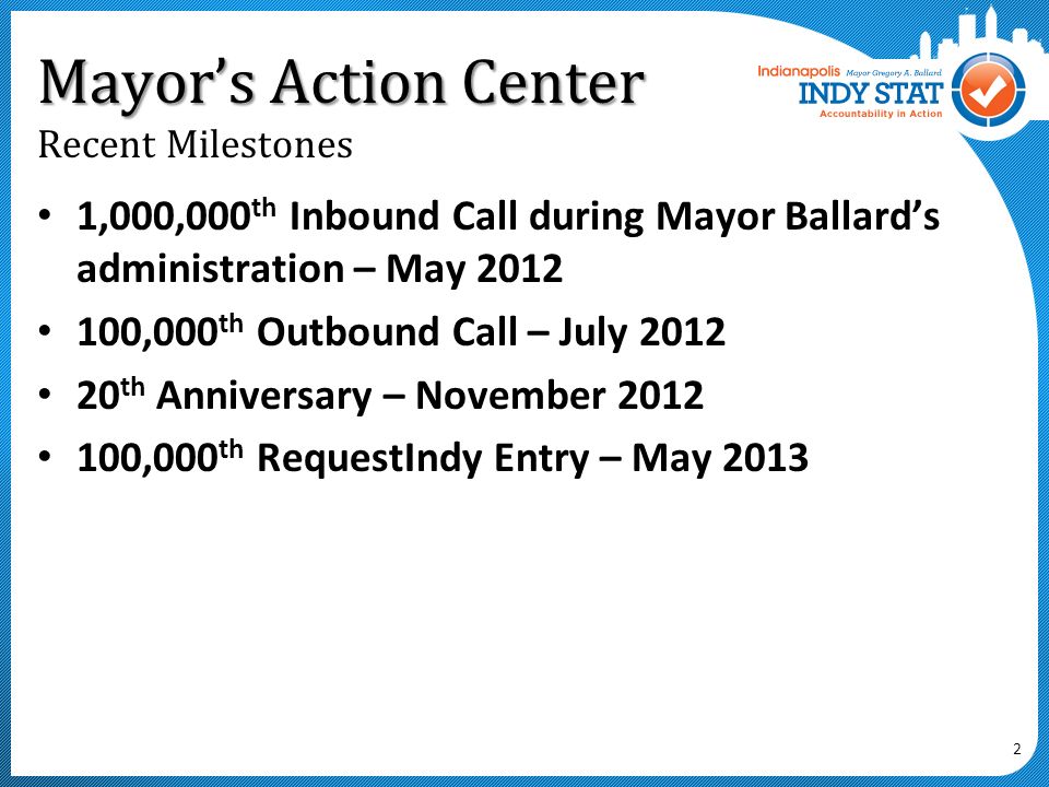1,000,000 th Inbound Call during Mayor Ballard’s administration – May ,000 th Outbound Call – July th Anniversary – November ,000 th RequestIndy Entry – May Mayor’s Action Center Mayor’s Action Center Recent Milestones