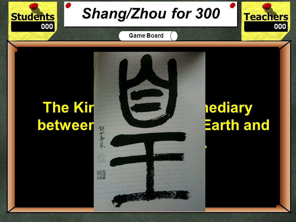 StudentsTeachers Game Board What concept(s) were developed under the Shang/Zhou that allowed for new leaders to come to power in ancient China.