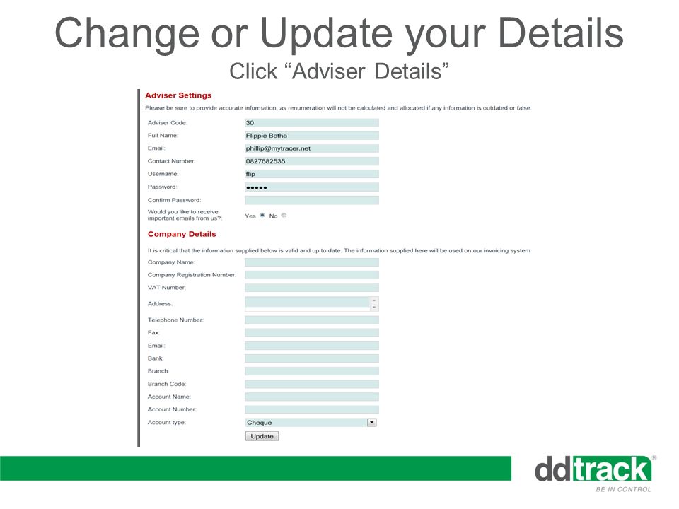 Change or Update your Details Click Adviser Details