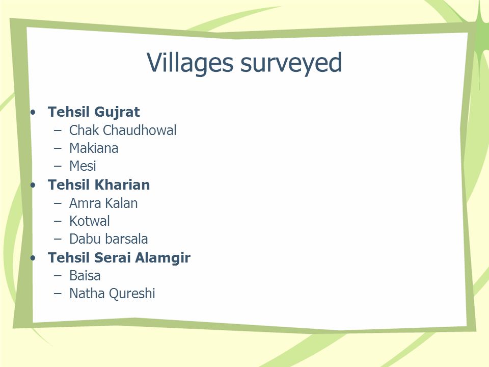 Villages surveyed Tehsil Gujrat –Chak Chaudhowal –Makiana –Mesi Tehsil Kharian –Amra Kalan –Kotwal –Dabu barsala Tehsil Serai Alamgir –Baisa –Natha Qureshi