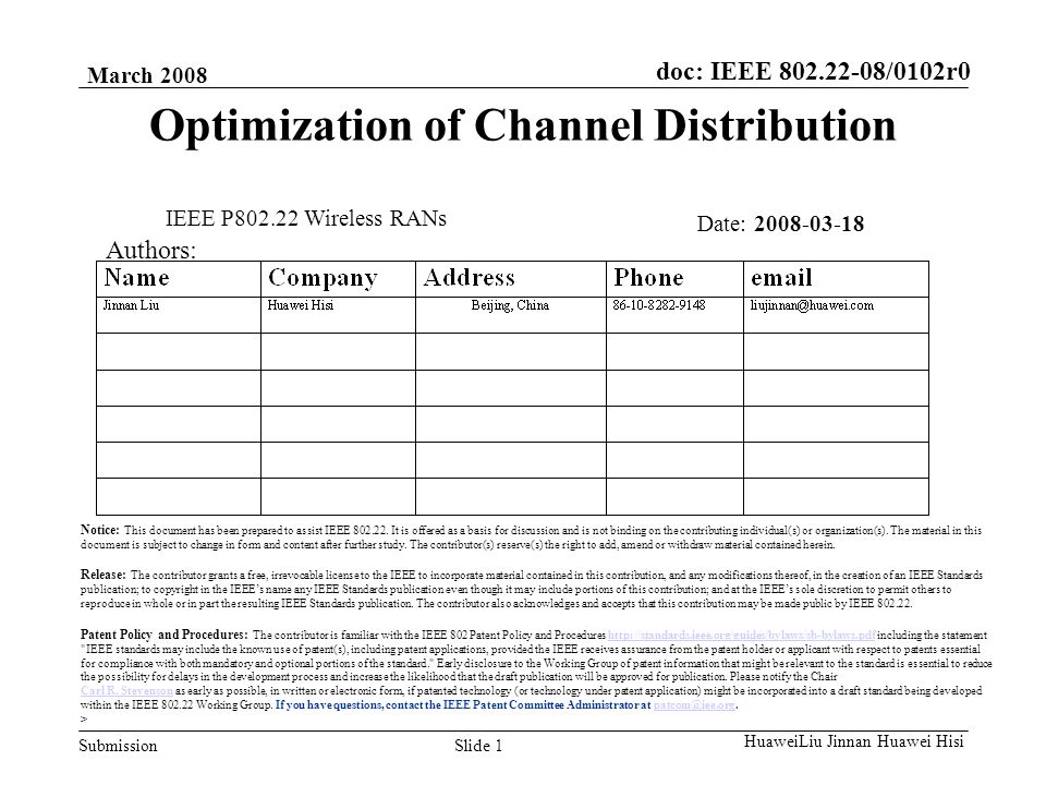 doc: IEEE /0102r0 Submission March 2008 Slide 1 HuaweiLiu Jinnan Huawei Hisi Optimization of Channel Distribution Authors: Notice: This document has been prepared to assist IEEE