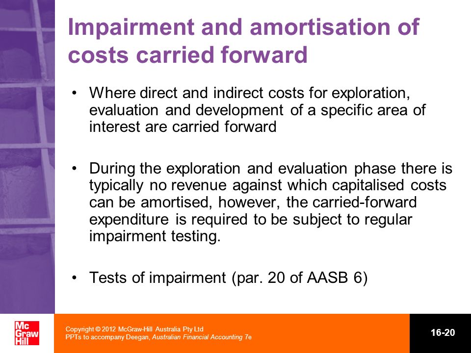 Copyright © 2012 McGraw-Hill Australia Pty Ltd PPTs to accompany Deegan, Australian Financial Accounting 7e Impairment and amortisation of costs carried forward Where direct and indirect costs for exploration, evaluation and development of a specific area of interest are carried forward During the exploration and evaluation phase there is typically no revenue against which capitalised costs can be amortised, however, the carried-forward expenditure is required to be subject to regular impairment testing.