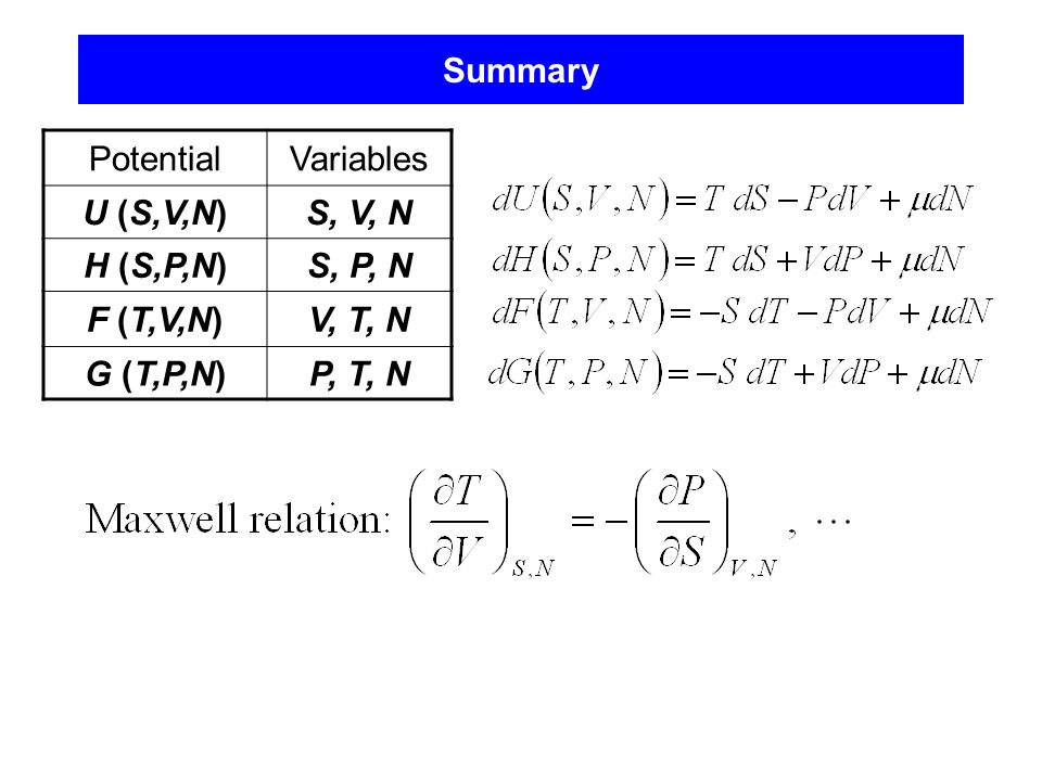 Lecture 13 Thermodynamic Potentials Ch 5 So Far We Have Been Using The Total Internal Energy U And Sometimes The Enthalpy H To Characterize Various Ppt Download