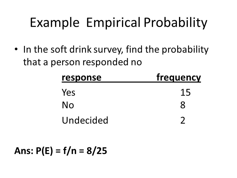 Example Empirical Probability In the soft drink survey, find the probability that a person responded no response frequency Yes15 No8 Undecided2 Ans: P(E) = f/n = 8/25