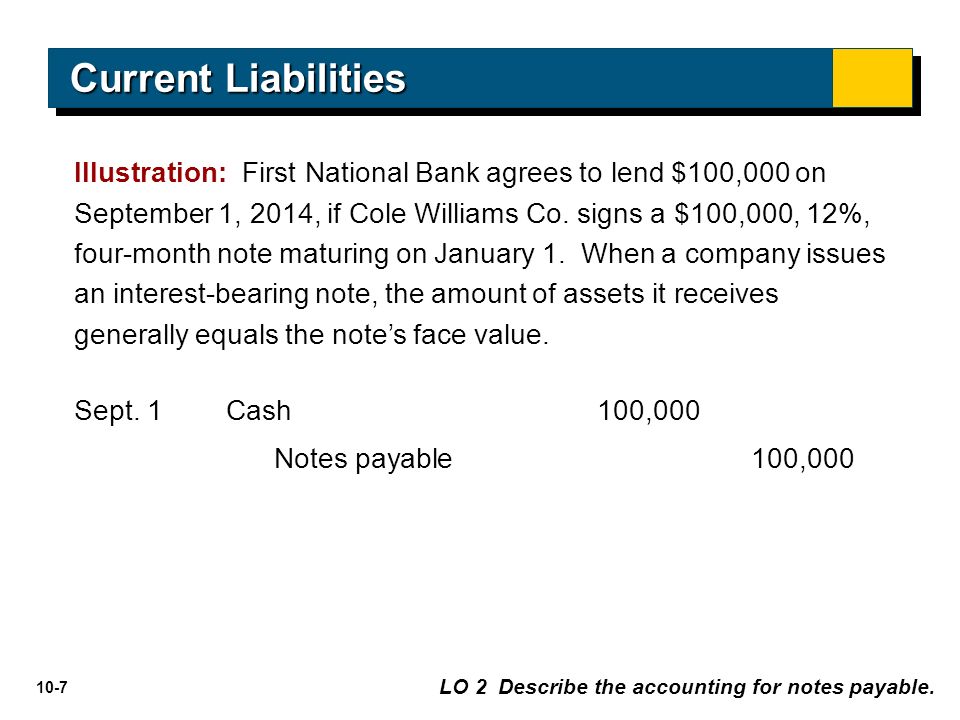 10-7 Illustration: First National Bank agrees to lend $100,000 on September 1, 2014, if Cole Williams Co.