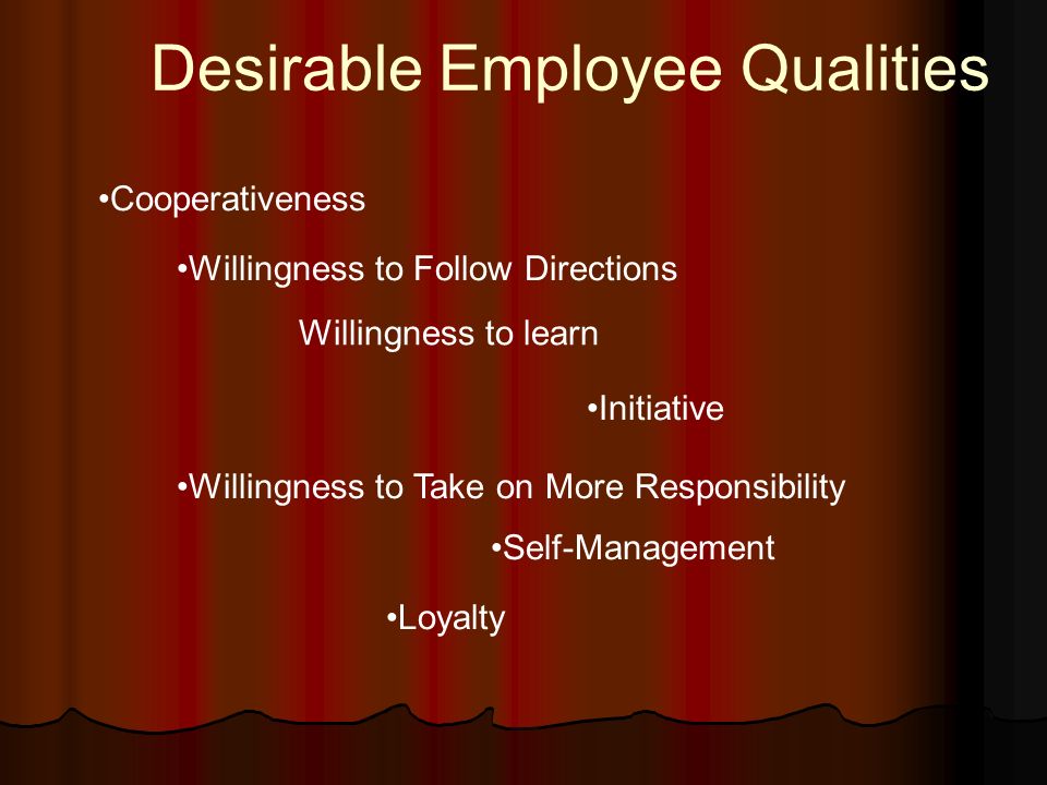 Desirable Employee Qualities Cooperativeness Willingness to Follow Directions Willingness to learn Initiative Willingness to Take on More Responsibility Self-Management Loyalty