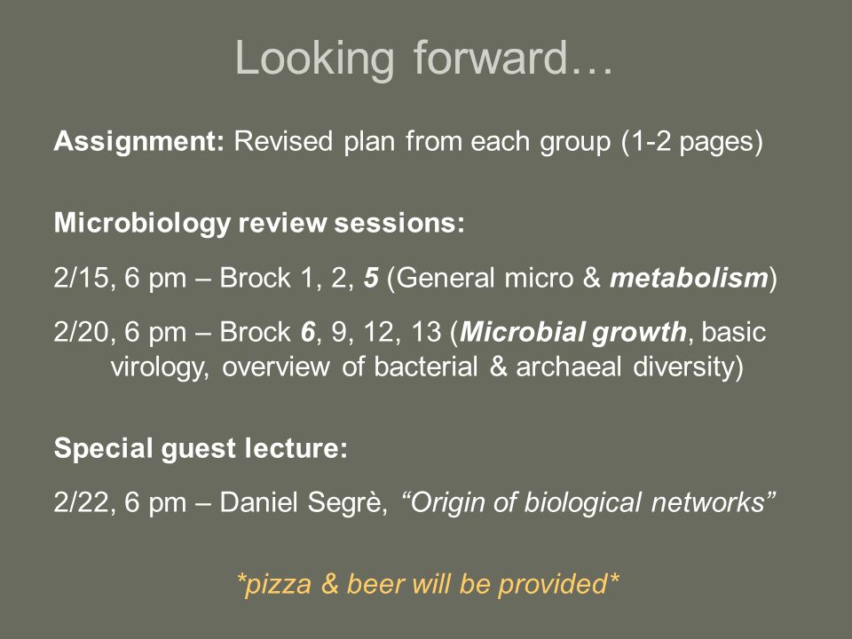 Looking forward… Assignment: Revised plan from each group (1-2 pages) Microbiology review sessions: 2/15, 6 pm – Brock 1, 2, 5 (General micro & metabolism) 2/20, 6 pm – Brock 6, 9, 12, 13 (Microbial growth, basic virology, overview of bacterial & archaeal diversity) Special guest lecture: 2/22, 6 pm – Daniel Segrè, Origin of biological networks *pizza & beer will be provided*