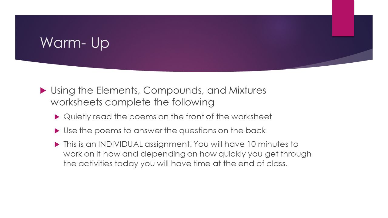 Workbooks poems worksheets : Warm- Up ïµ Using the Elements, Compounds, and Mixtures worksheets ...