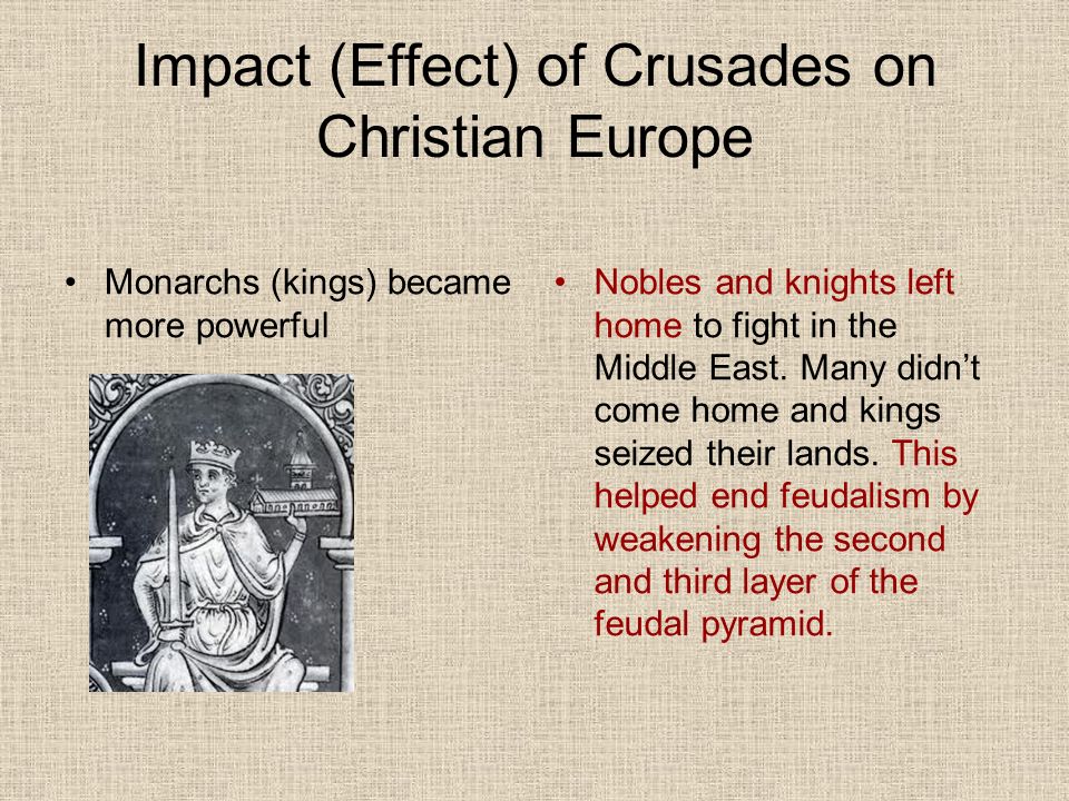 Impact (Effect) of Crusades on Christian Europe Monarchs (kings) became more powerful Nobles and knights left home to fight in the Middle East.