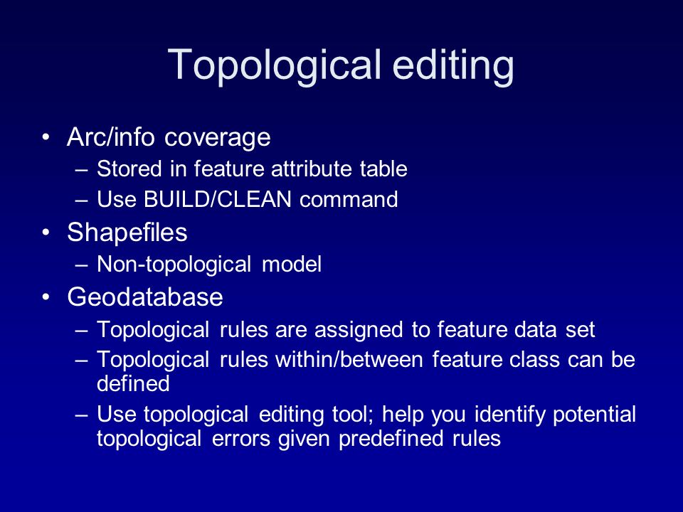 Topological editing Arc/info coverage –Stored in feature attribute table –Use BUILD/CLEAN command Shapefiles –Non-topological model Geodatabase –Topological rules are assigned to feature data set –Topological rules within/between feature class can be defined –Use topological editing tool; help you identify potential topological errors given predefined rules