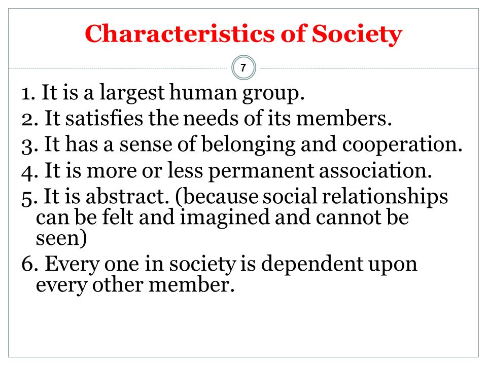 What are the 7 characteristics of society?