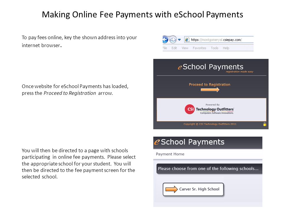 To pay fees online, key the shown address into your internet browser.