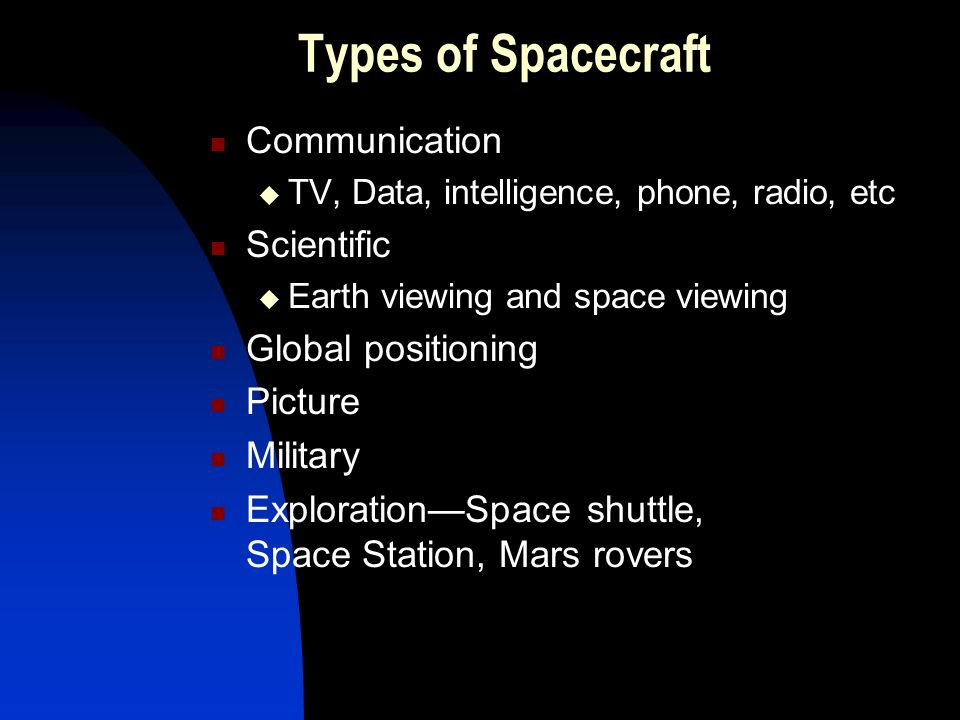 Types of Spacecraft Communication  TV, Data, intelligence, phone, radio, etc Scientific  Earth viewing and space viewing Global positioning Picture Military Exploration—Space shuttle, Space Station, Mars rovers