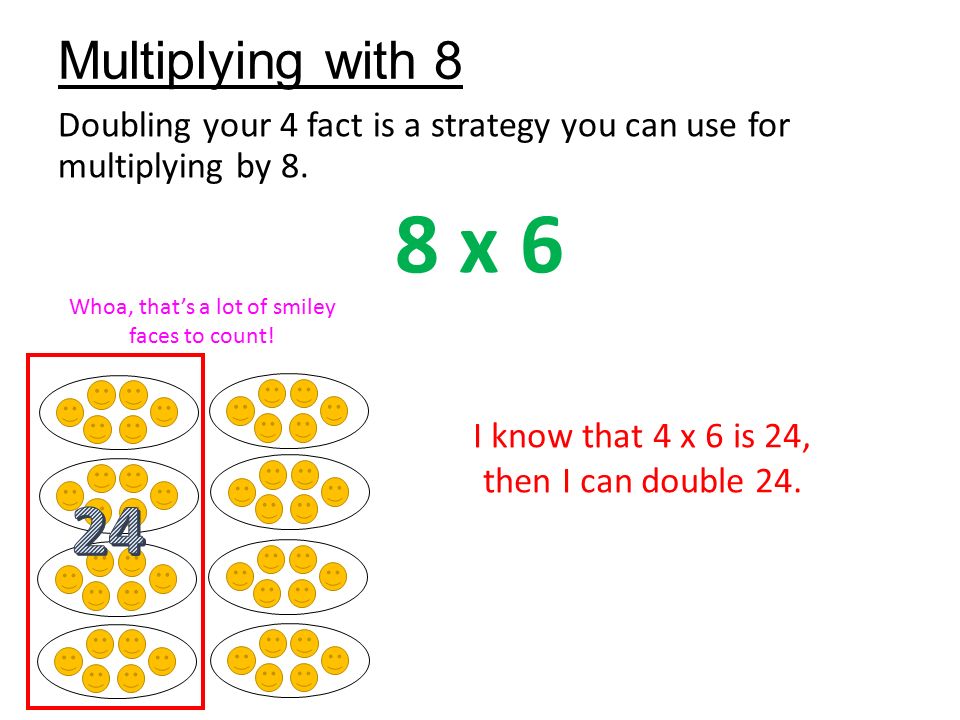 Multiplying with 8 Doubling your 4 fact is a strategy you can use for multiplying by 8.