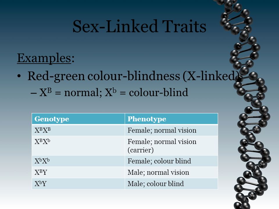 Sex-Linked Traits Examples: Red-green colour-blindness (X-linked) - X B = n...