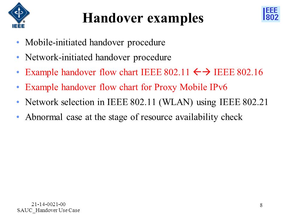 Handover examples Mobile-initiated handover procedure Network-initiated handover procedure Example handover flow chart IEEE  IEEE Example handover flow chart for Proxy Mobile IPv6 Network selection in IEEE (WLAN) using IEEE Abnormal case at the stage of resource availability check SAUC_Handover Use Case 8