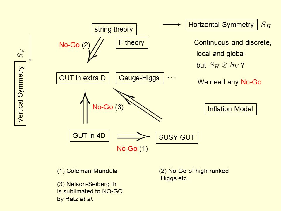 string theory F theory Horizontal Symmetry GUT in extra D GUT in 4D SUSY GUT Gauge-Higgs No-Go (2) Continuous and discrete, local and global but.