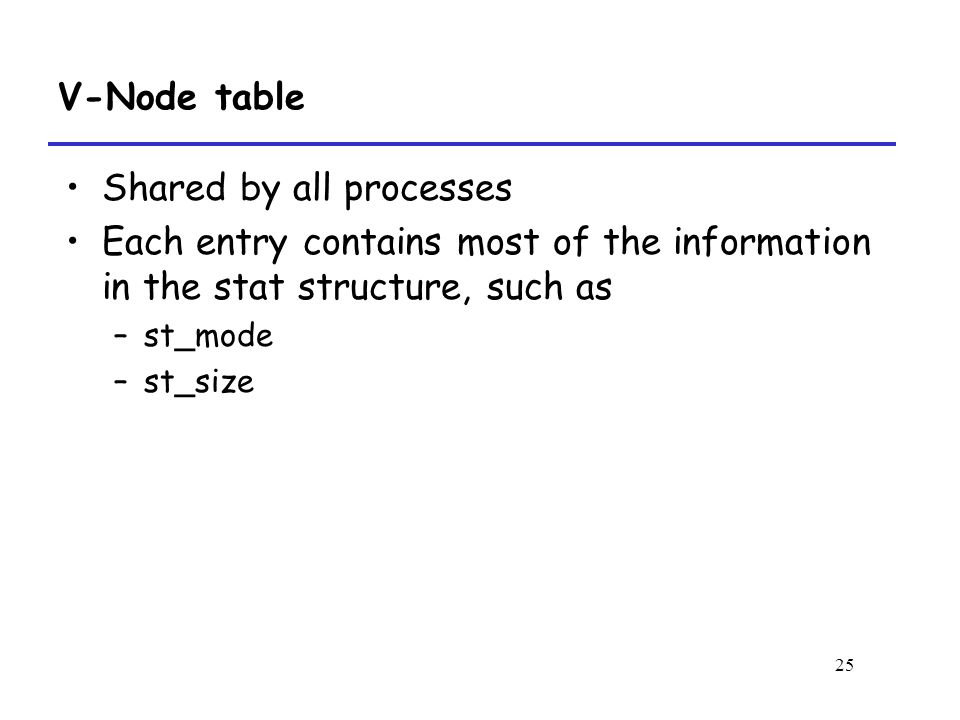 25 V-Node table Shared by all processes Each entry contains most of the information in the stat structure, such as –st_mode –st_size