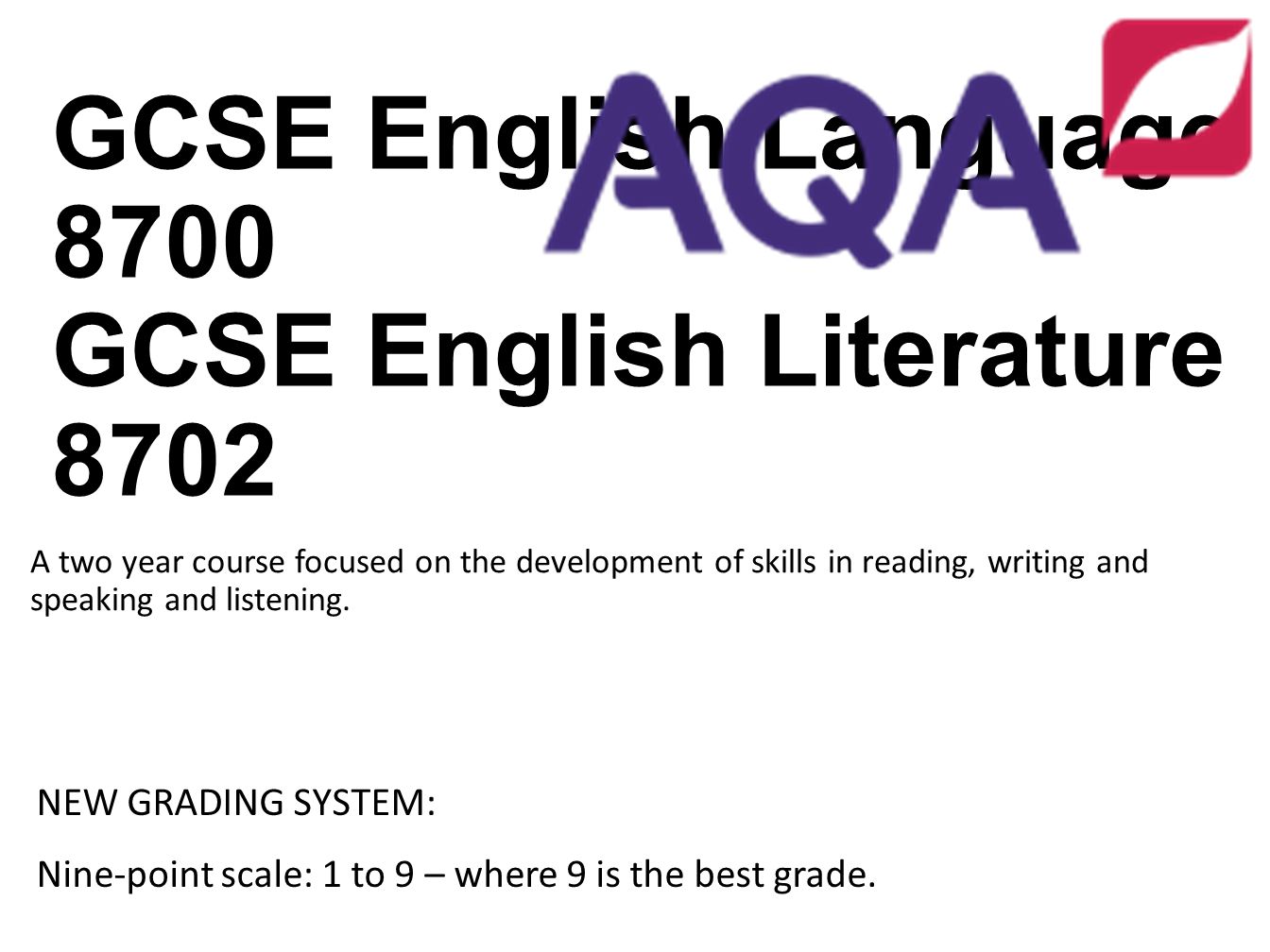 GCSE English Language 8700 GCSE English Literature 8702 A two year course focused on the development of skills in reading, writing and speaking and listening.