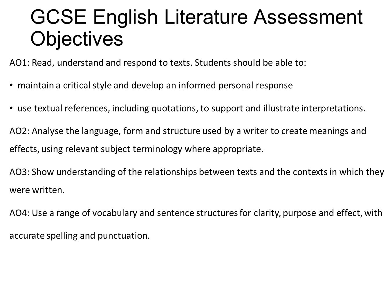 GCSE English Literature Assessment Objectives AO1: Read, understand and respond to texts.
