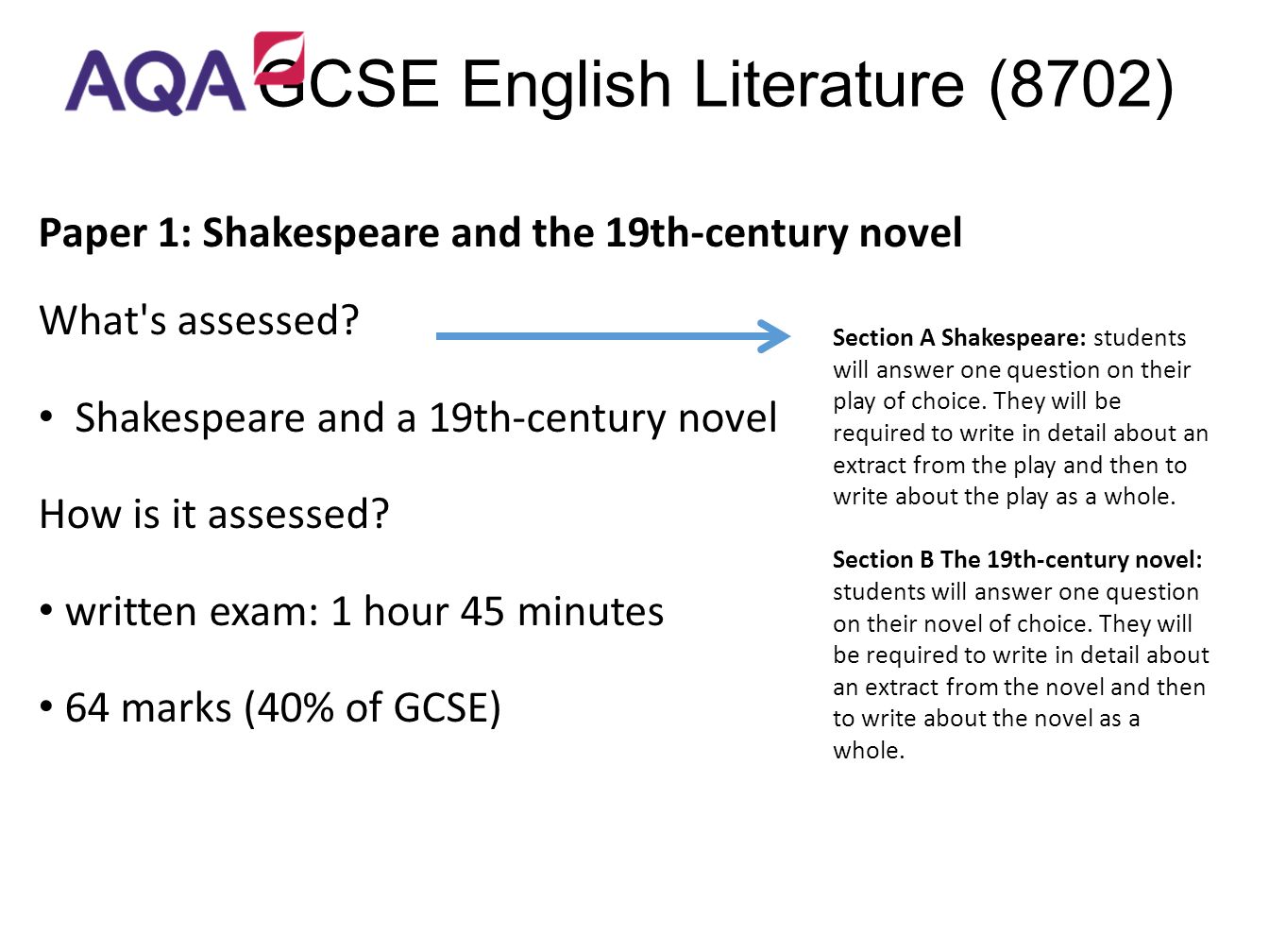 Paper 1: Shakespeare and the 19th-century novel What s assessed.