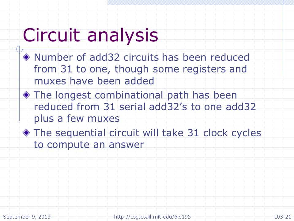 Circuit analysis Number of add32 circuits has been reduced from 31 to one, though some registers and muxes have been added The longest combinational path has been reduced from 31 serial add32’s to one add32 plus a few muxes The sequential circuit will take 31 clock cycles to compute an answer September 9, 2013http://csg.csail.mit.edu/6.s195L03-21