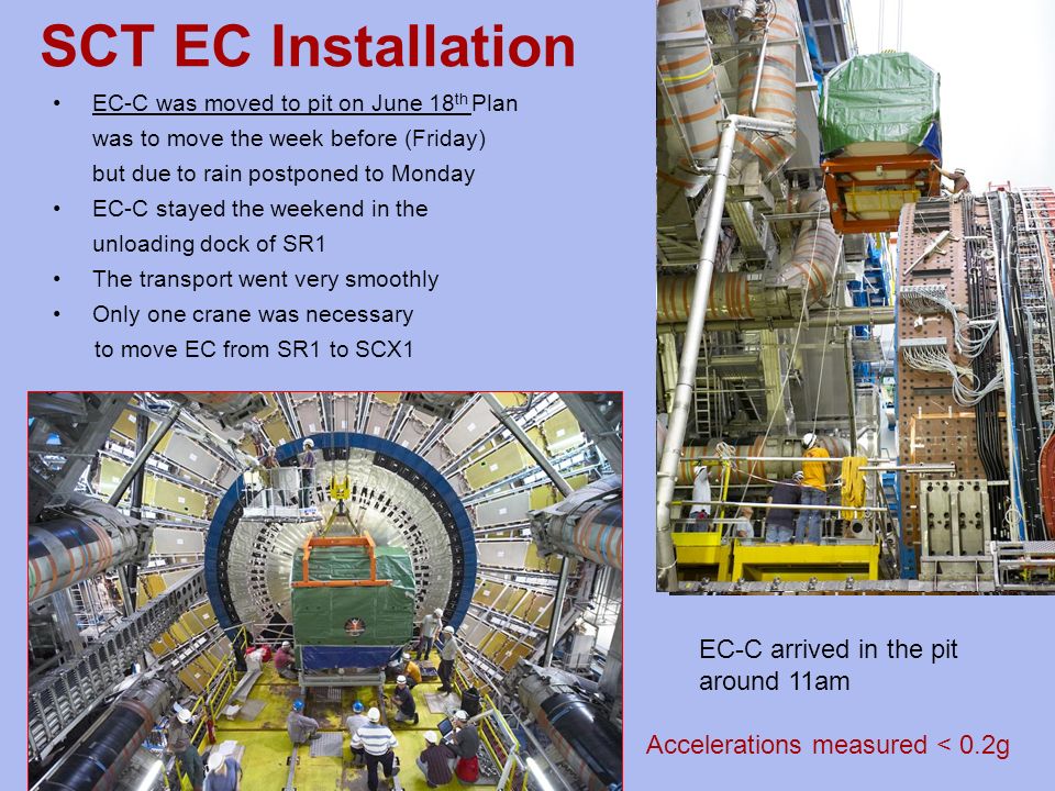 SCT EC Installation EC-C was moved to pit on June 18 th Plan was to move the week before (Friday) but due to rain postponed to Monday EC-C stayed the weekend in the unloading dock of SR1 The transport went very smoothly Only one crane was necessary to move EC from SR1 to SCX1 EC-C arrived in the pit around 11am Accelerations measured < 0.2g
