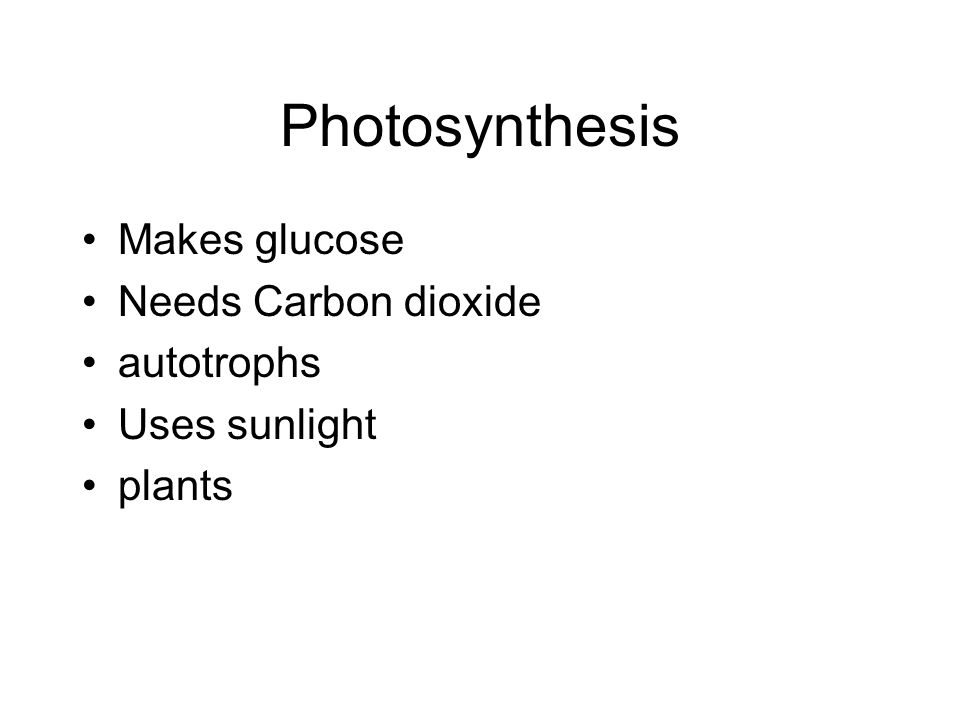 Photosynthesis Makes glucose Needs Carbon dioxide autotrophs Uses sunlight plants