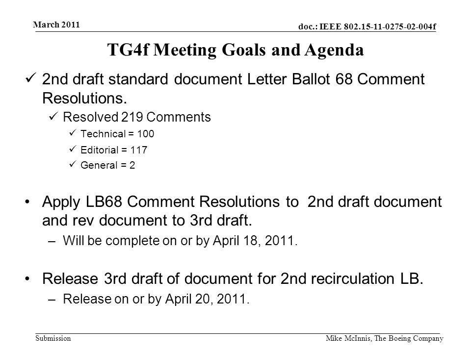 doc.: IEEE f Submission March 2011 Mike McInnis, The Boeing Company TG4f Meeting Goals and Agenda 2nd draft standard document Letter Ballot 68 Comment Resolutions.