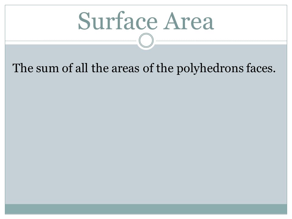 Surface Area The sum of all the areas of the polyhedrons faces.