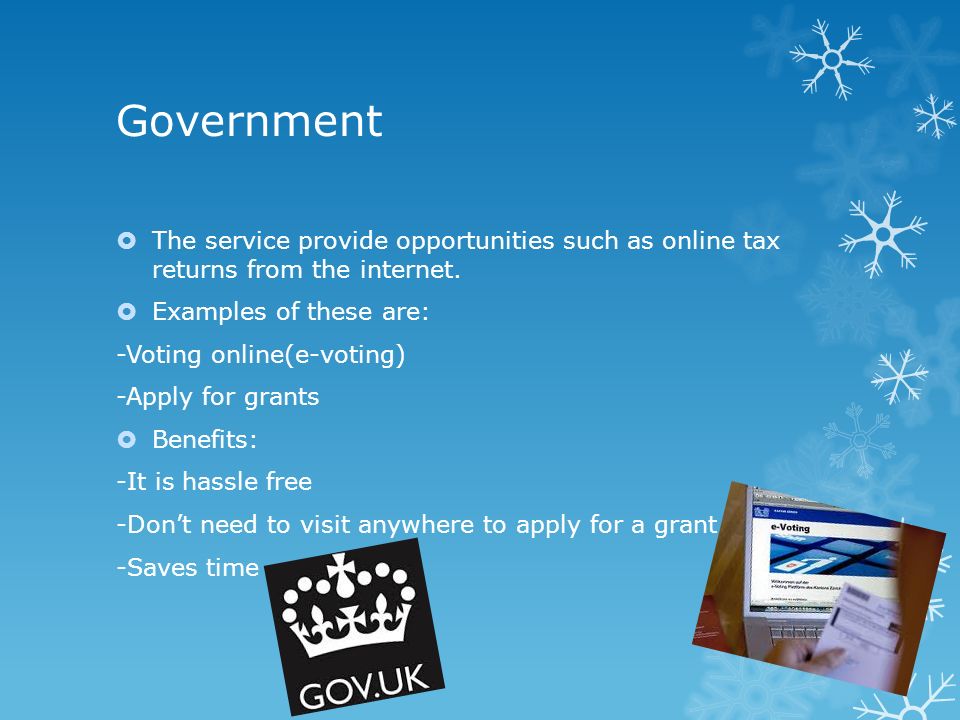 Government  The service provide opportunities such as online tax returns from the internet.