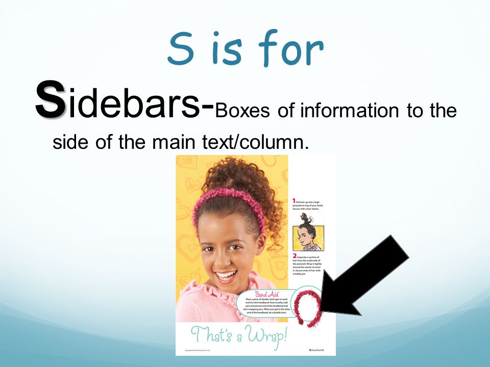 S is for S S idebars- Boxes of information to the side of the main text/column.